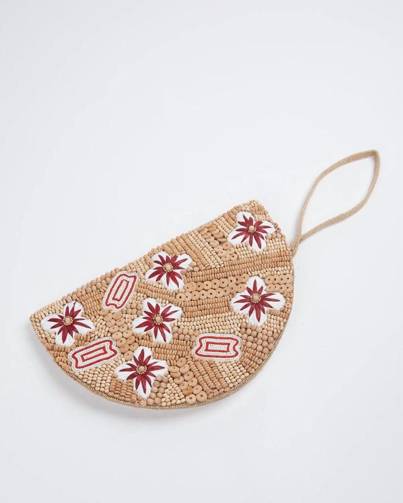 Front of a size O/S Flora Raffia Beaded Wristlet in Wood in Wood by ETHNiQUE. | dia_product_style_image_id:328960